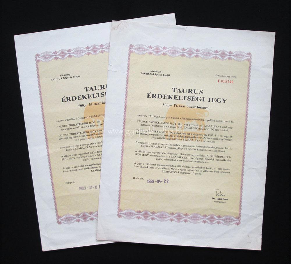 Taurus Gumiipari V�llalat �rdekelts�gi jegy 2x500 forint 1988/1989